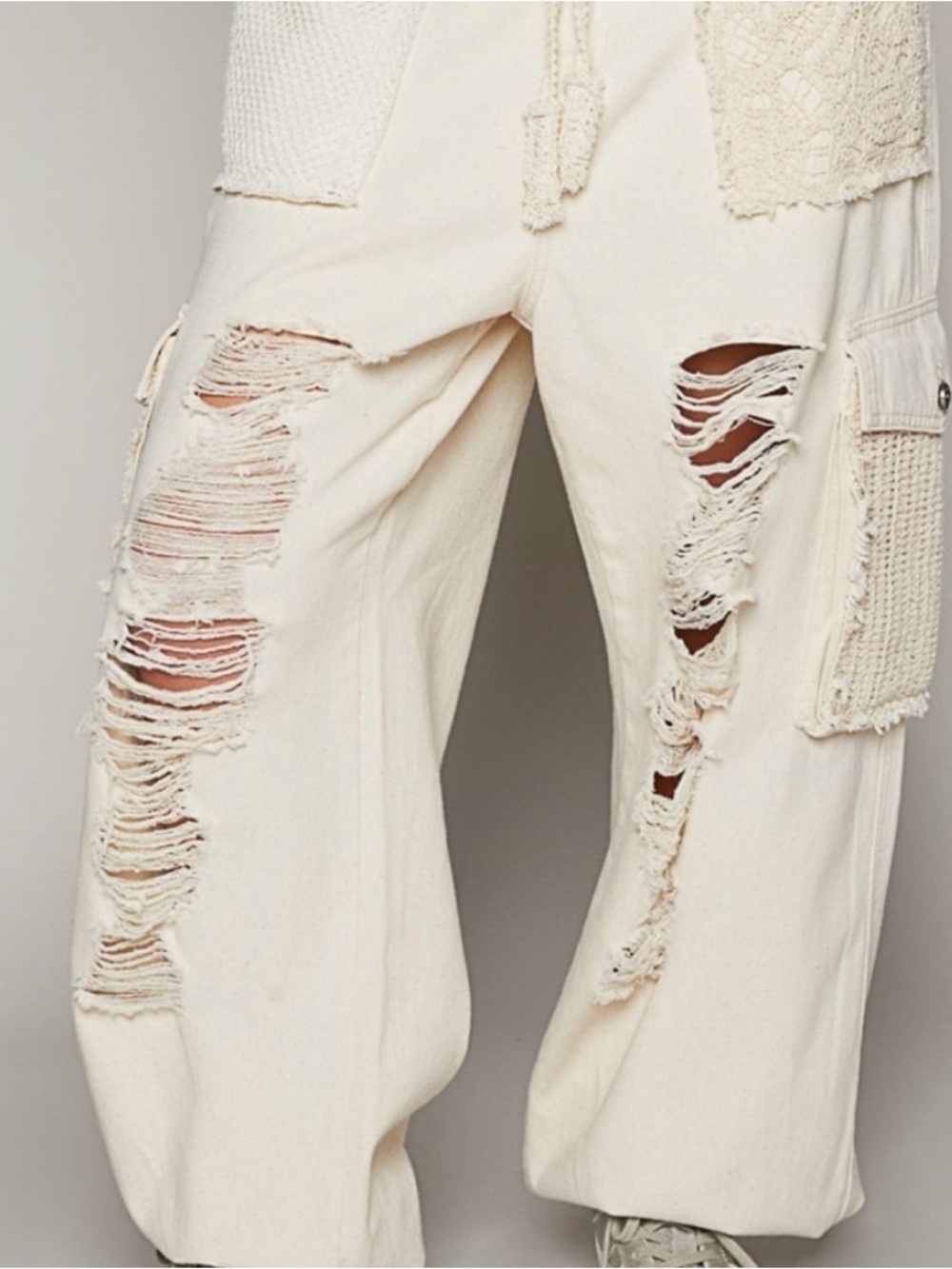 #1379 POL Pink Distressed Cargo Track Pants with Crochet Pockets - Picture 8 of 14